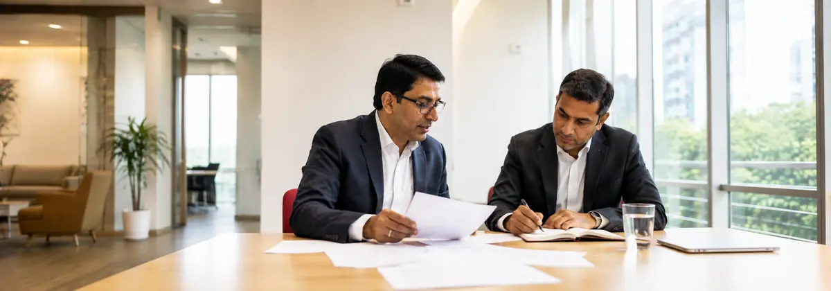 Two RFS advisors reviewing policy documents together at a client meeting